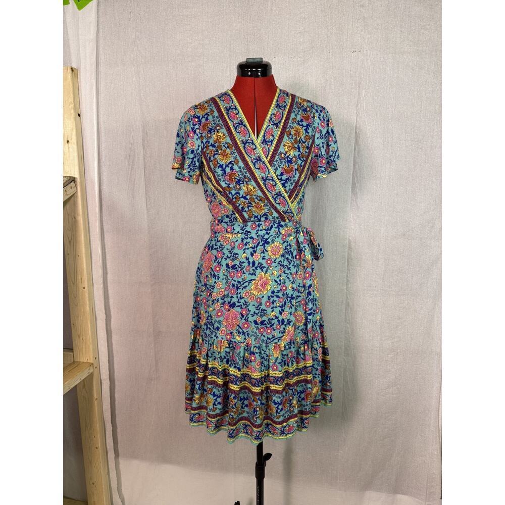 ZESICA Womens Wrap Dress Size Small Summer Bohemian Aqua Floral Ruffle D222